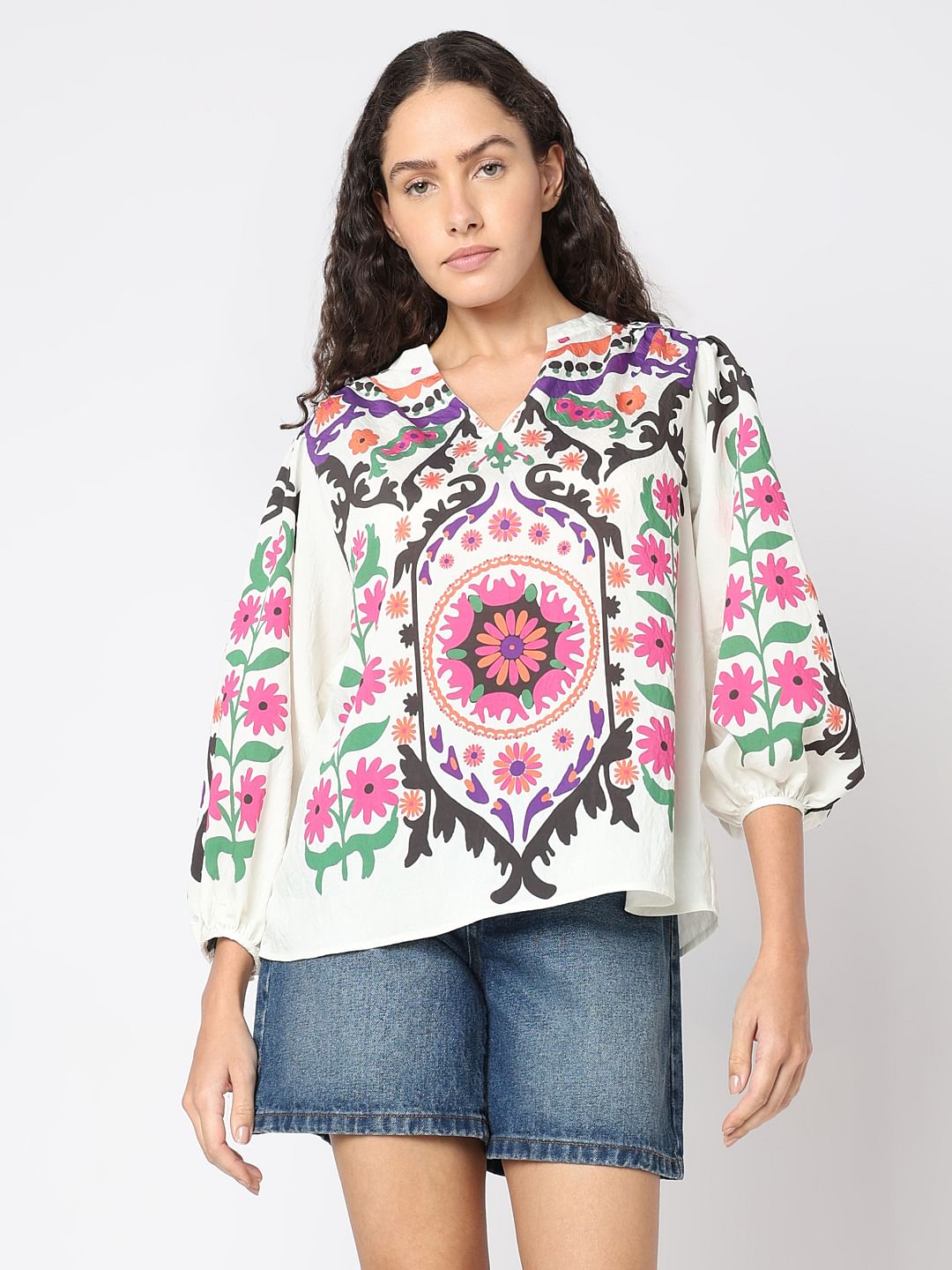 Beige Floral Print Top