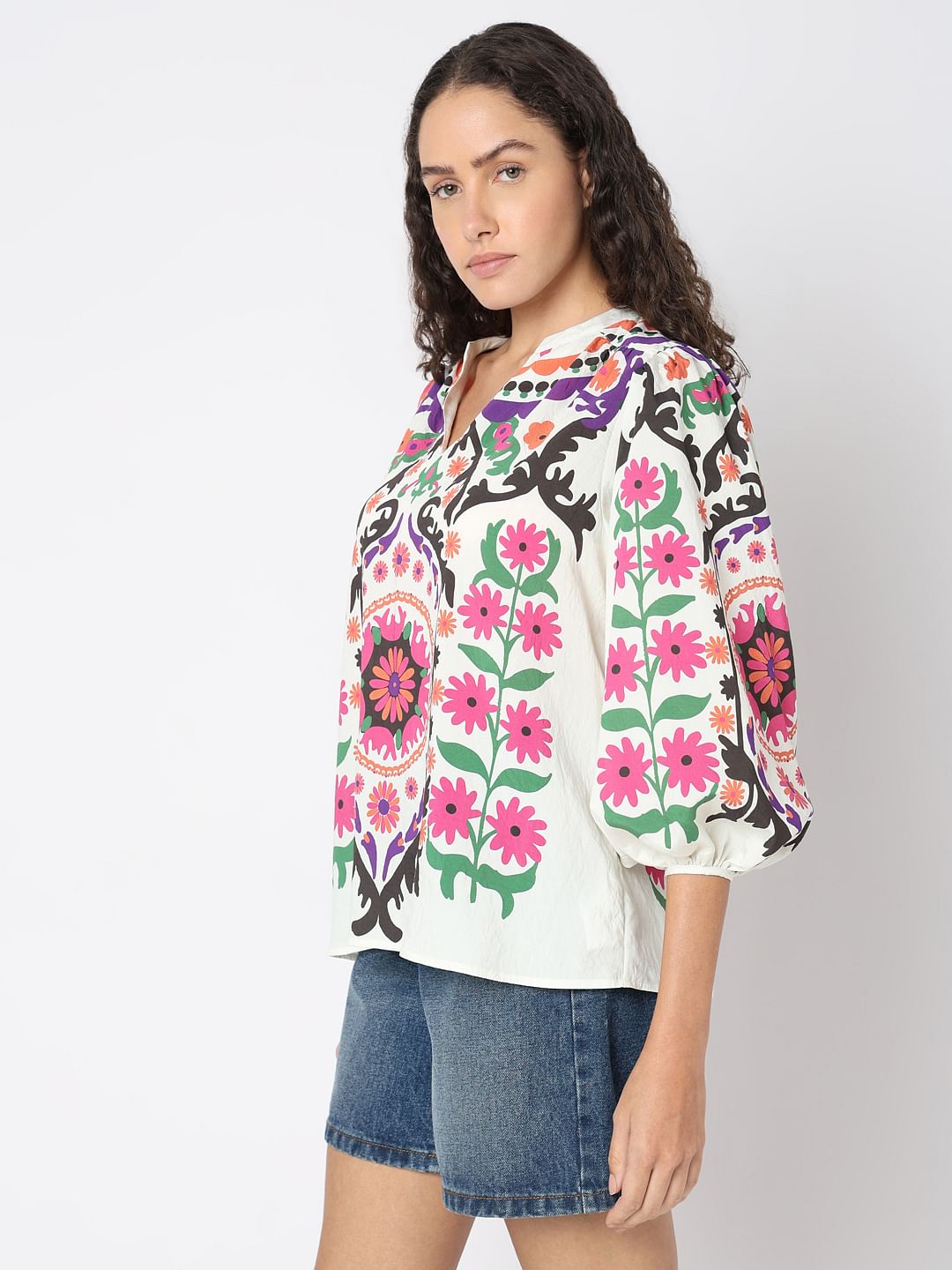 Beige Floral Print Top