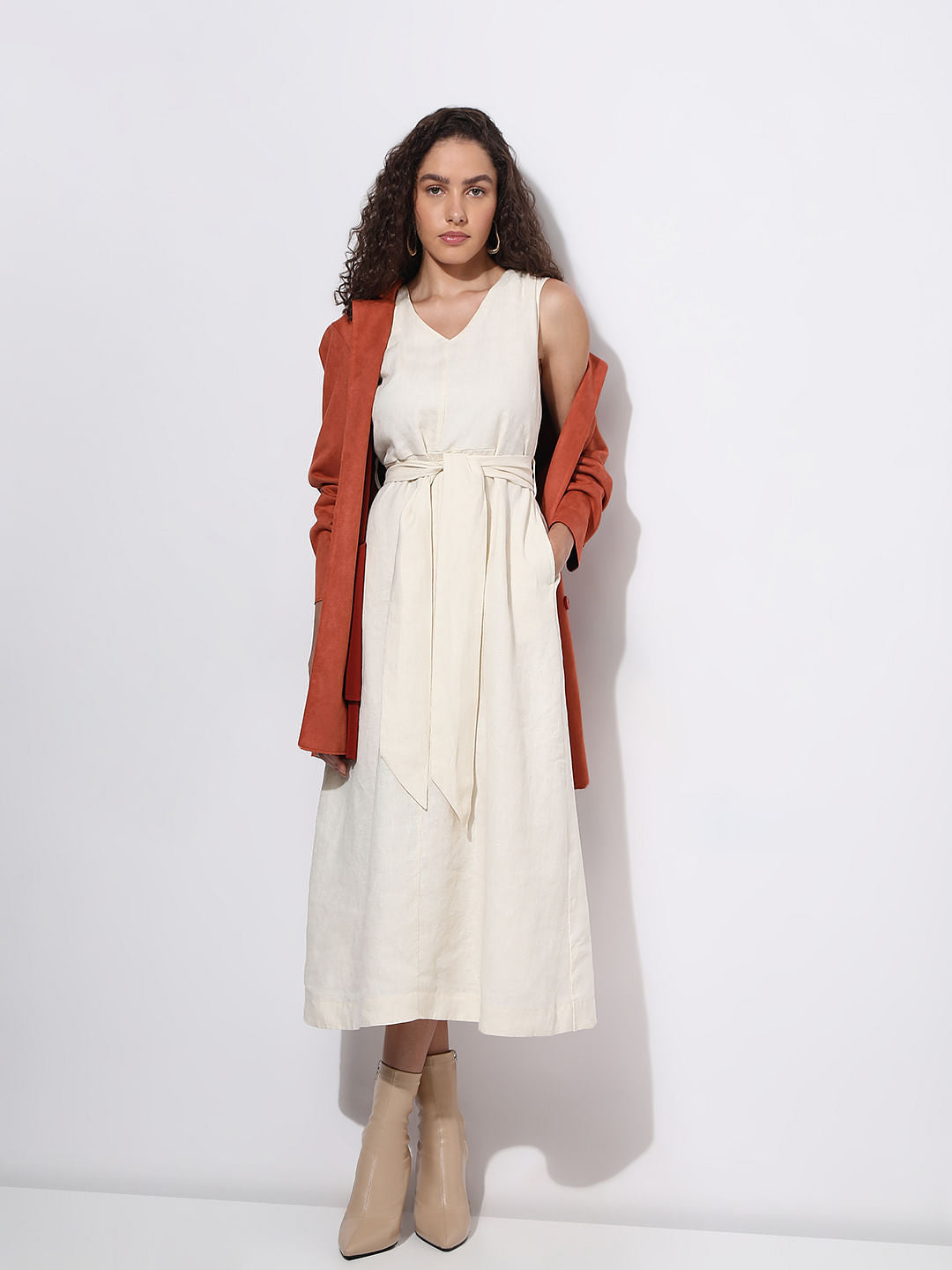 Off-White Linen Midi Dress