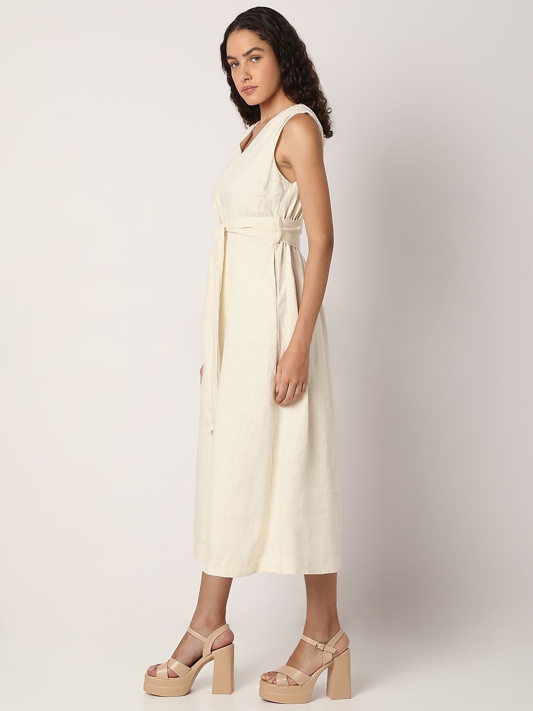 Off-White Linen Midi Dress