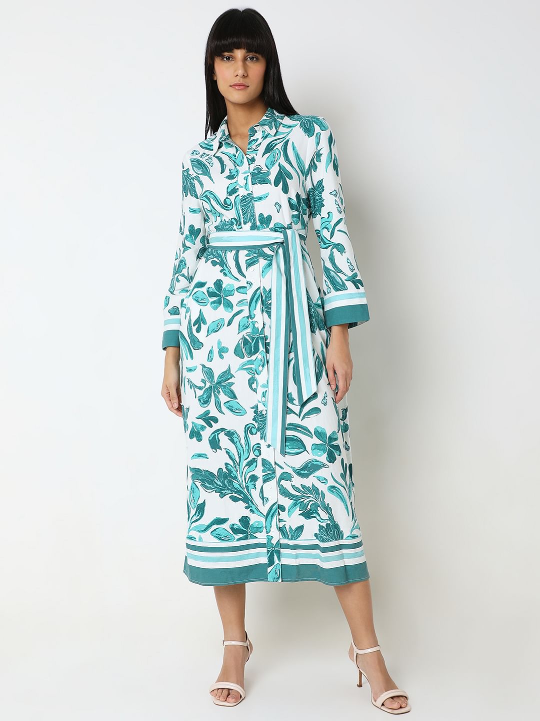 Green Printed Midi Shirt Dress
