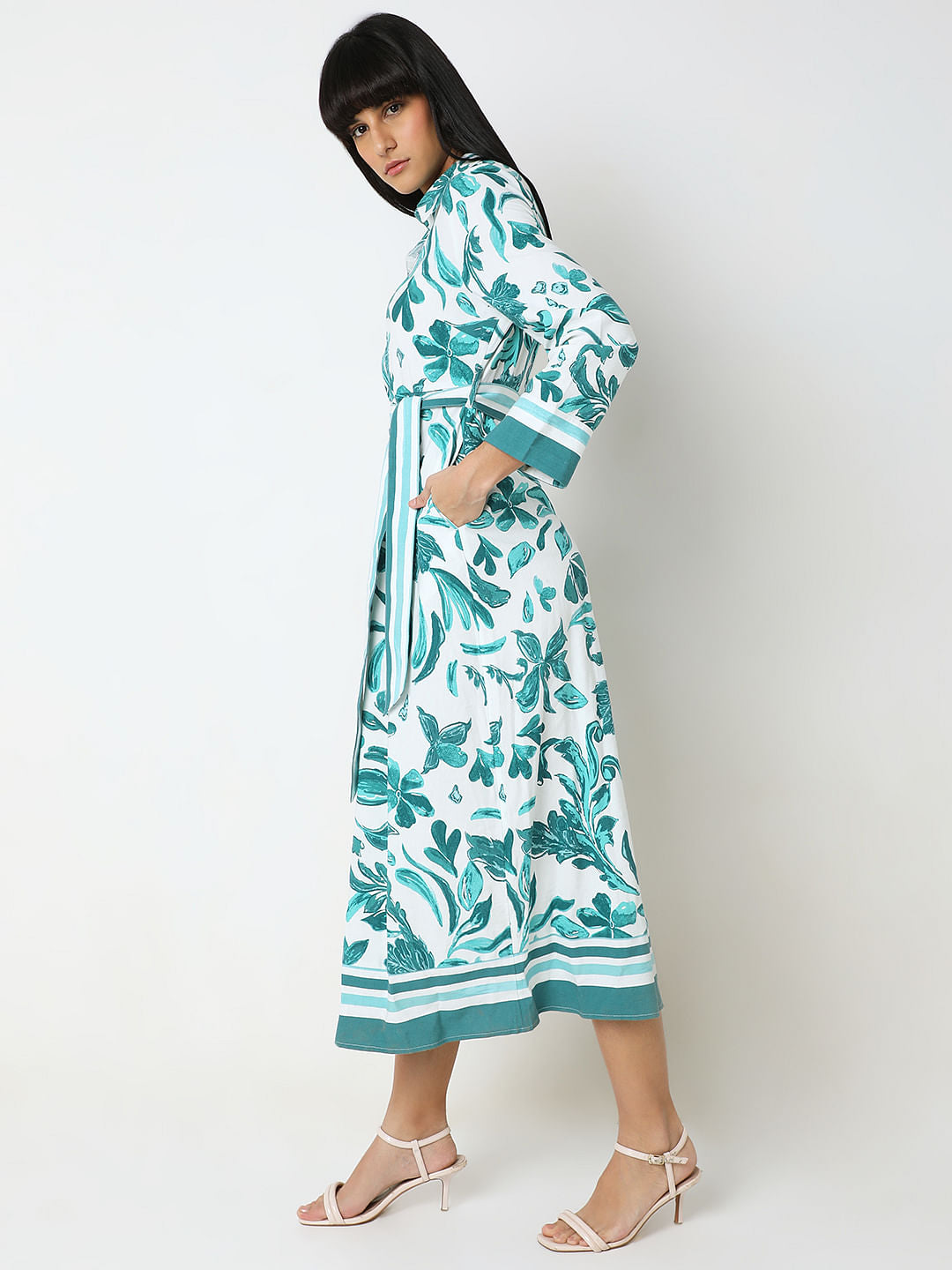 Green Printed Midi Shirt Dress