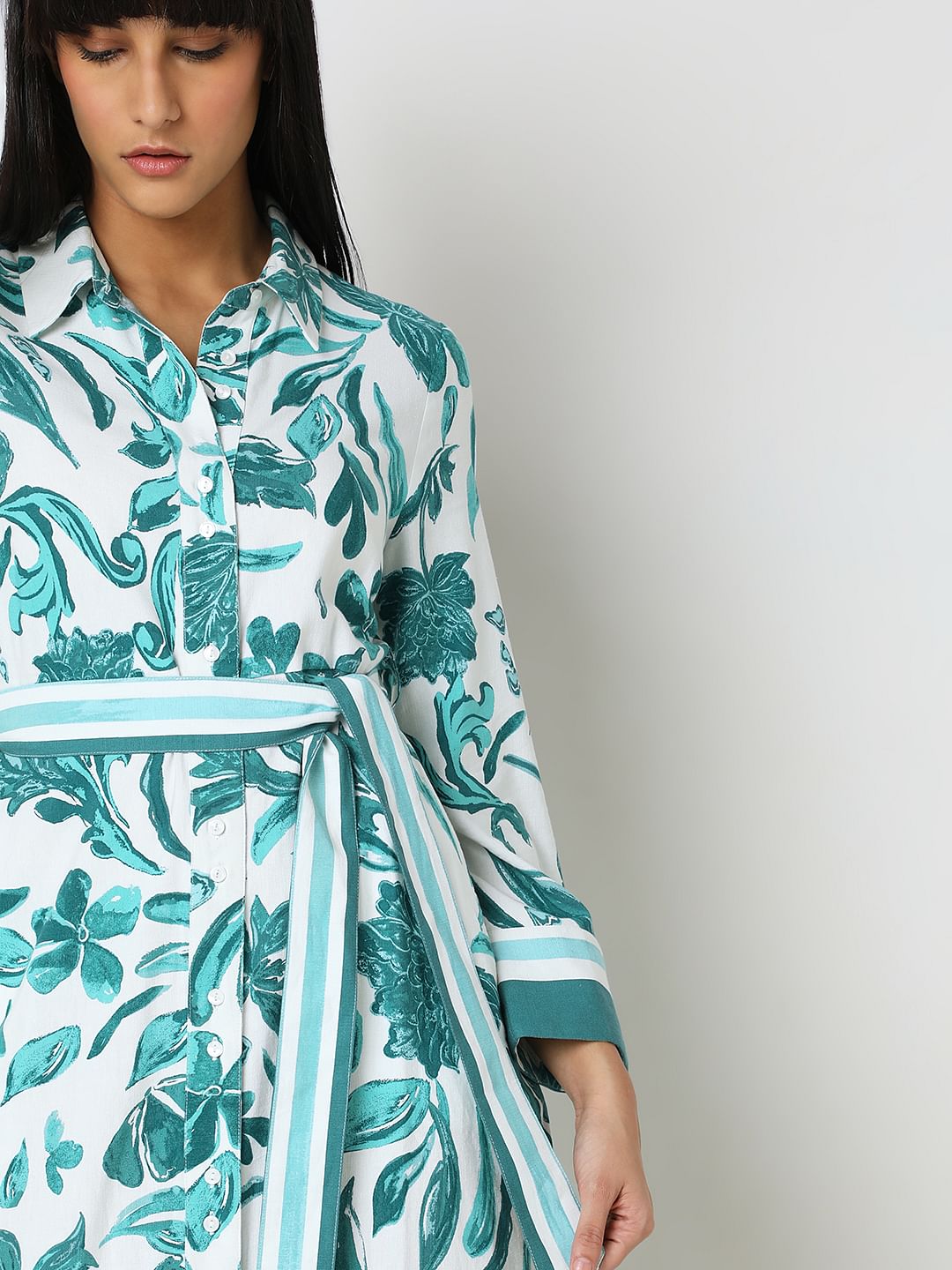 Green Printed Midi Shirt Dress