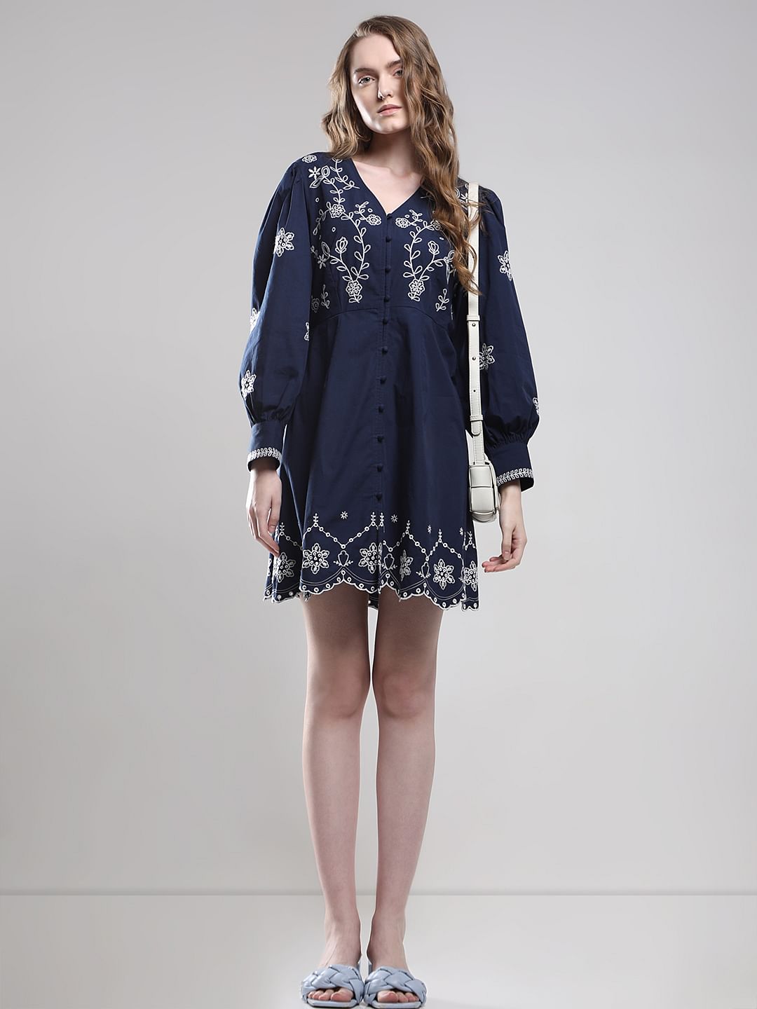 Dark Blue Embroidered Fit & Flare Dress