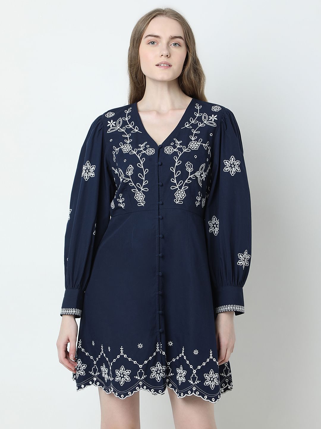 Dark Blue Embroidered Fit & Flare Dress