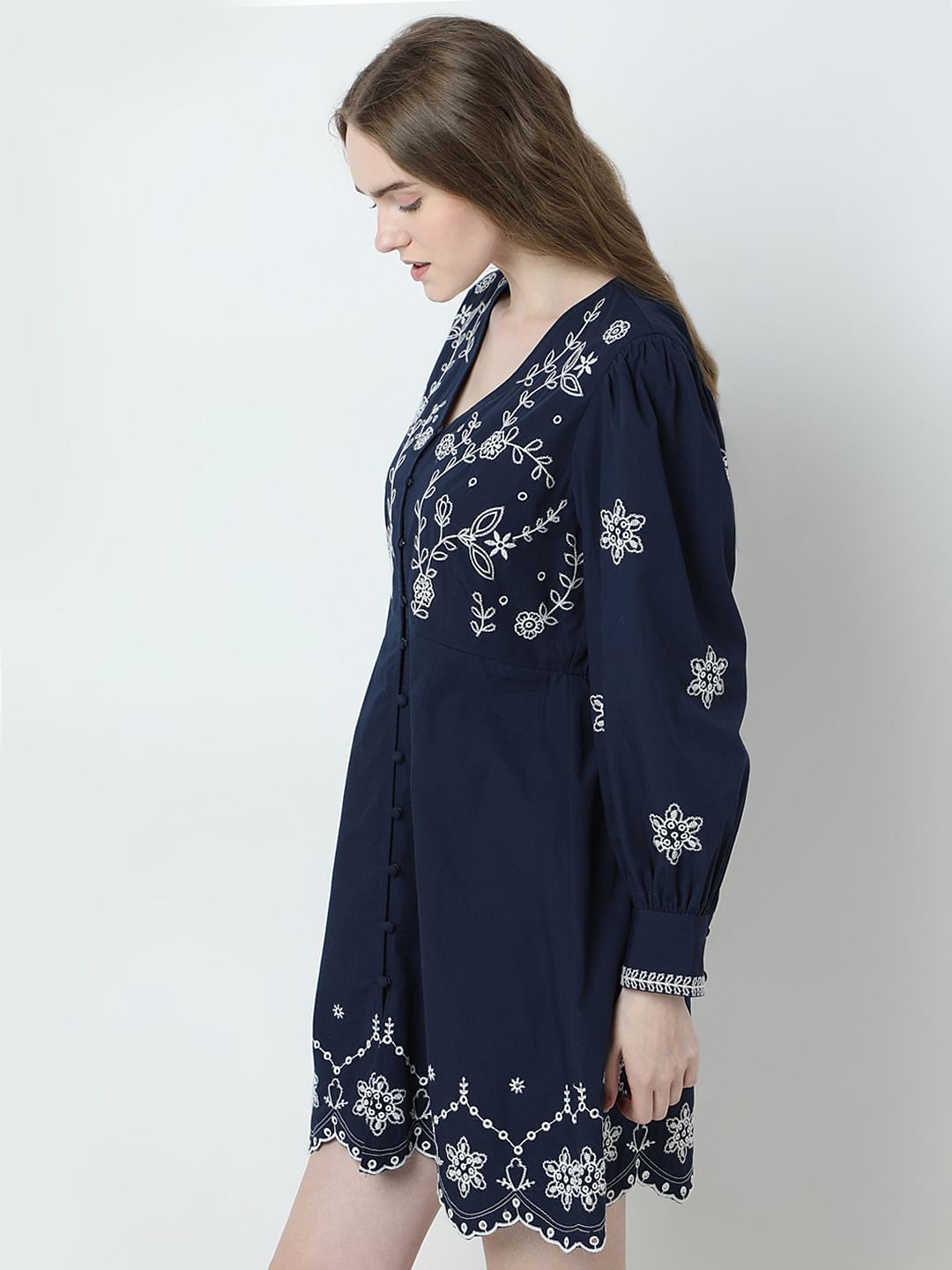Dark Blue Embroidered Fit & Flare Dress