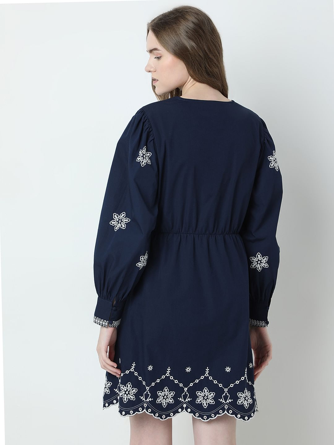 Dark Blue Embroidered Fit & Flare Dress
