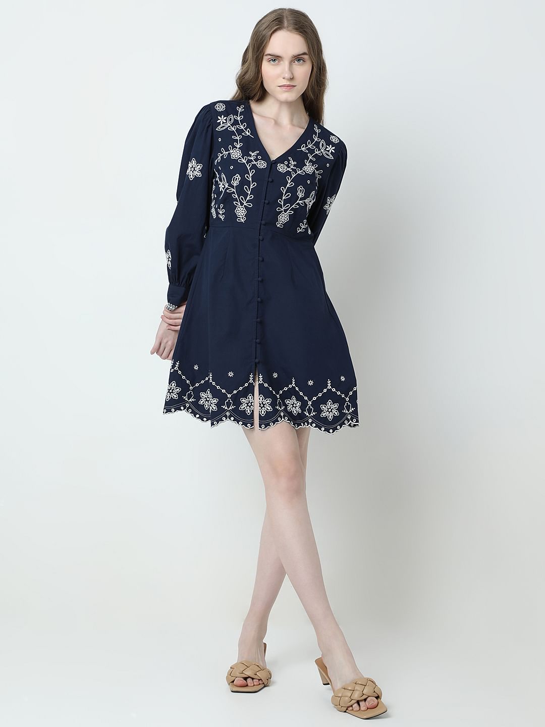 Dark Blue Embroidered Fit & Flare Dress