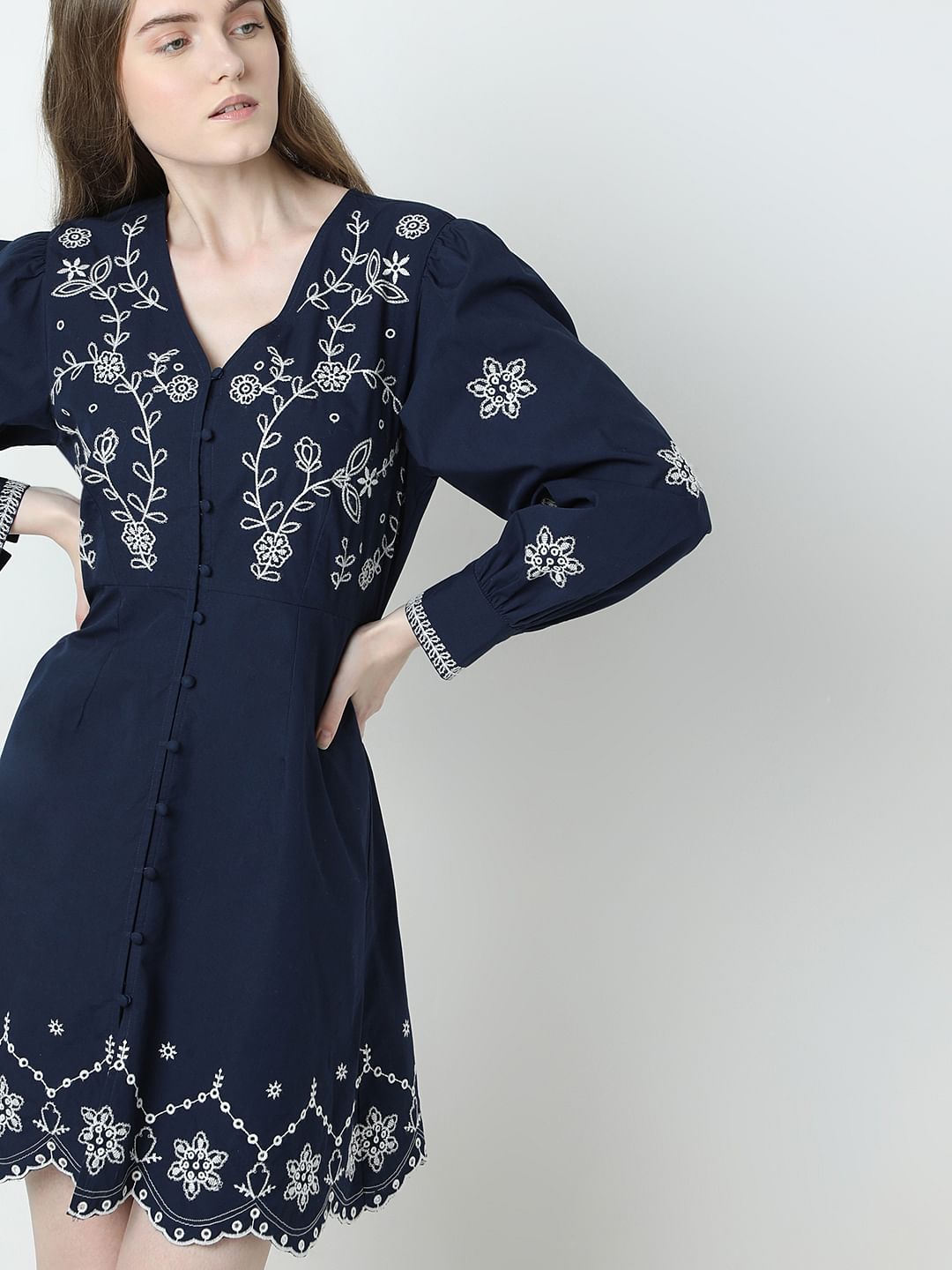 Dark Blue Embroidered Fit & Flare Dress