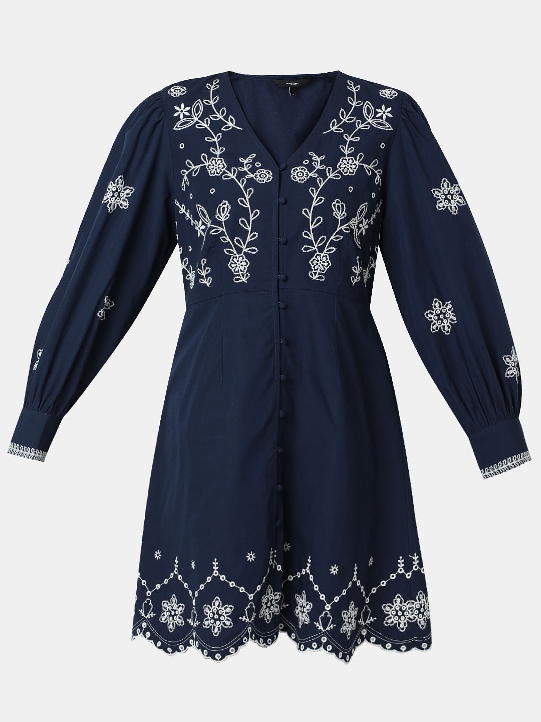 Dark Blue Embroidered Fit & Flare Dress