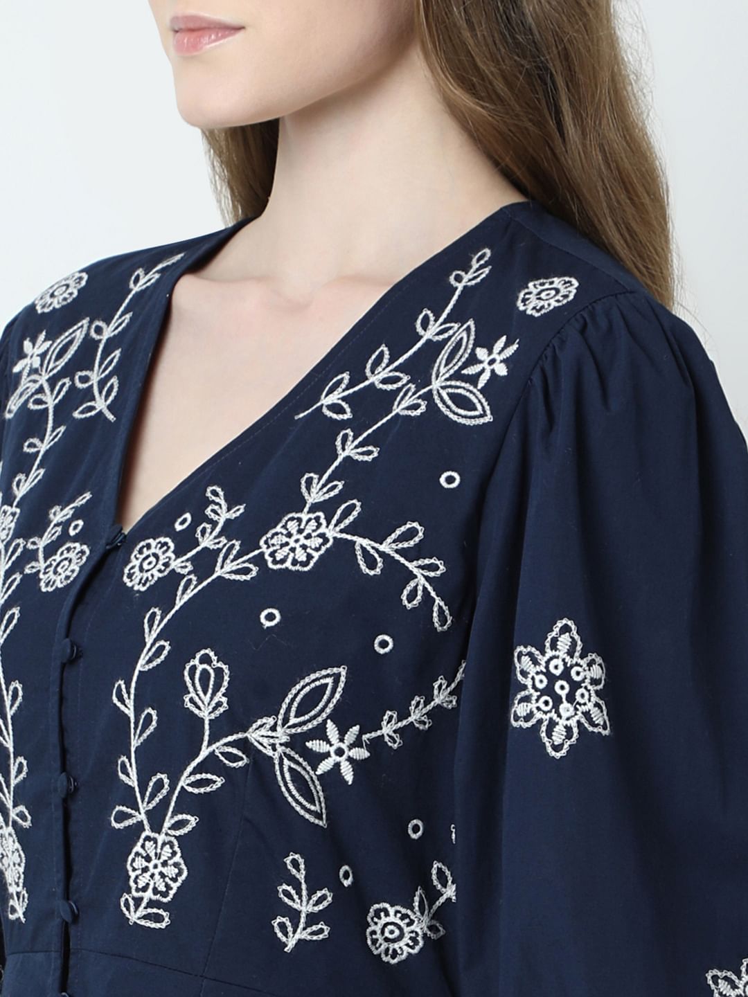 Dark Blue Embroidered Fit & Flare Dress