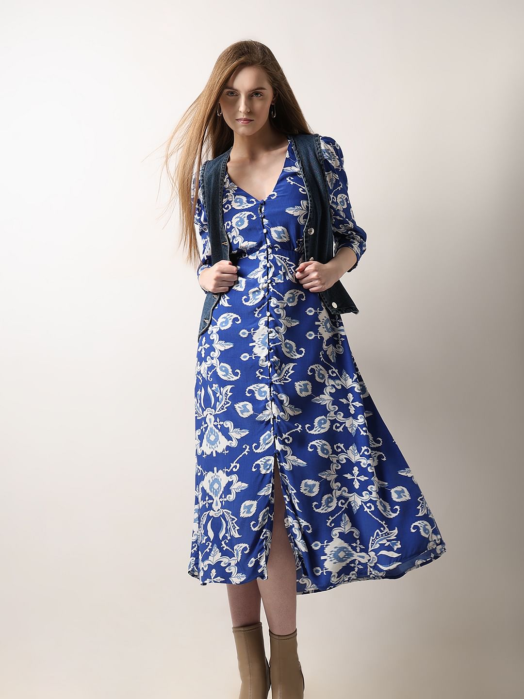 Dark Blue Printed Midi Dress