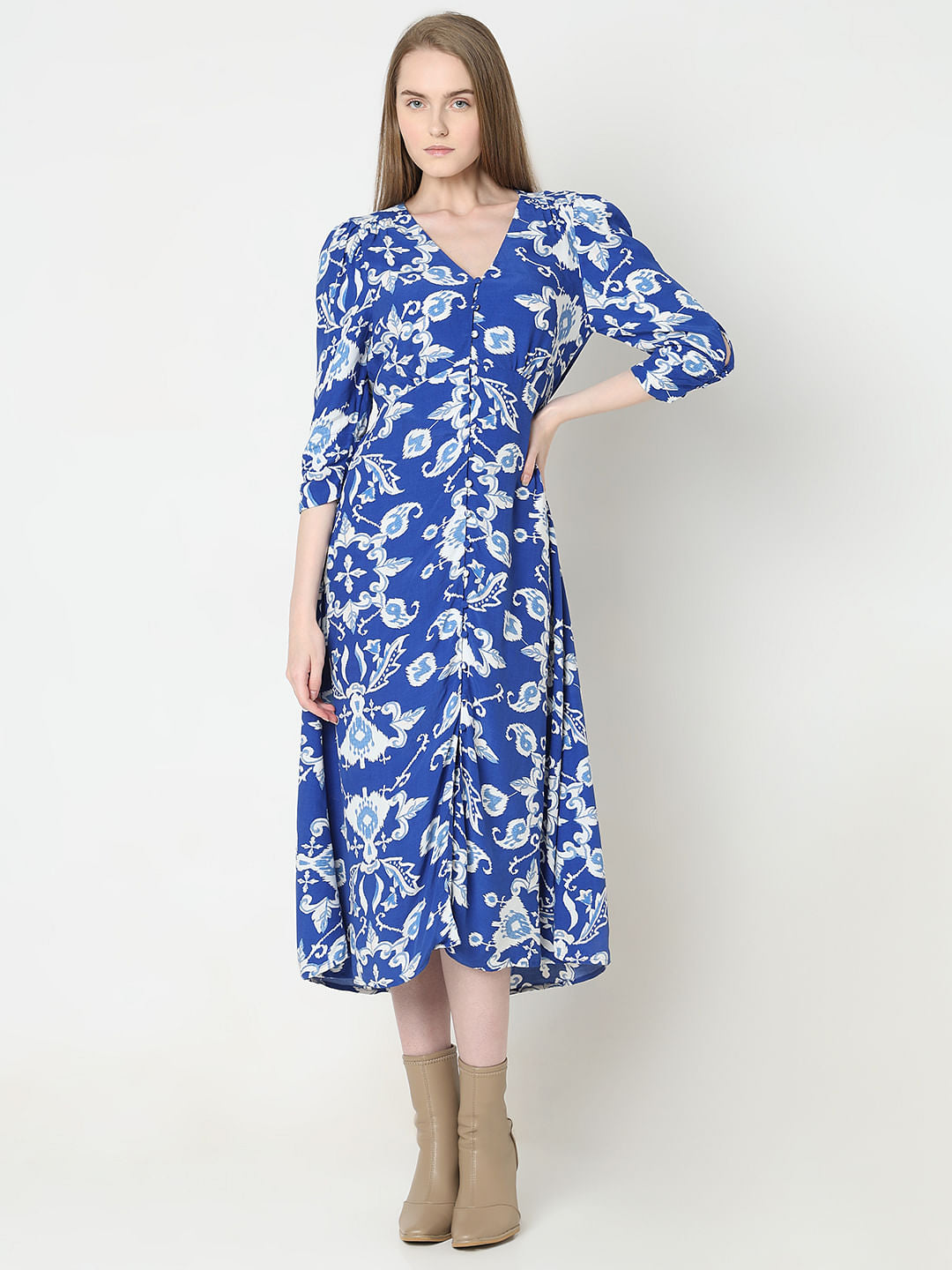 Dark Blue Printed Midi Dress