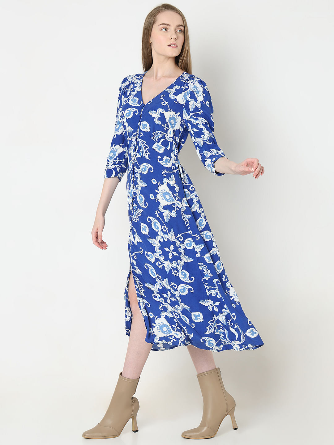 Dark Blue Printed Midi Dress