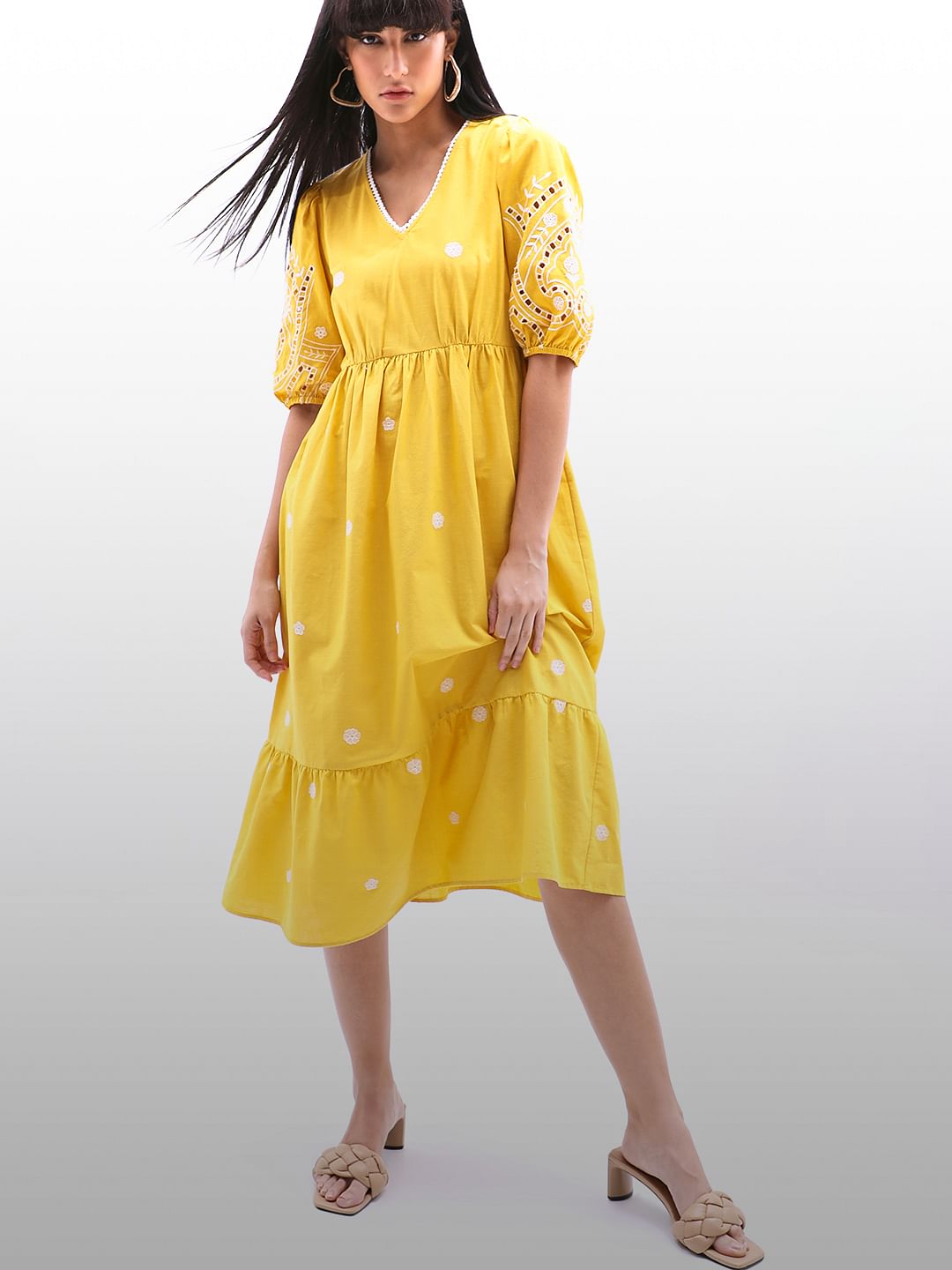 Yellow Embroidered Cotton Midi Dress