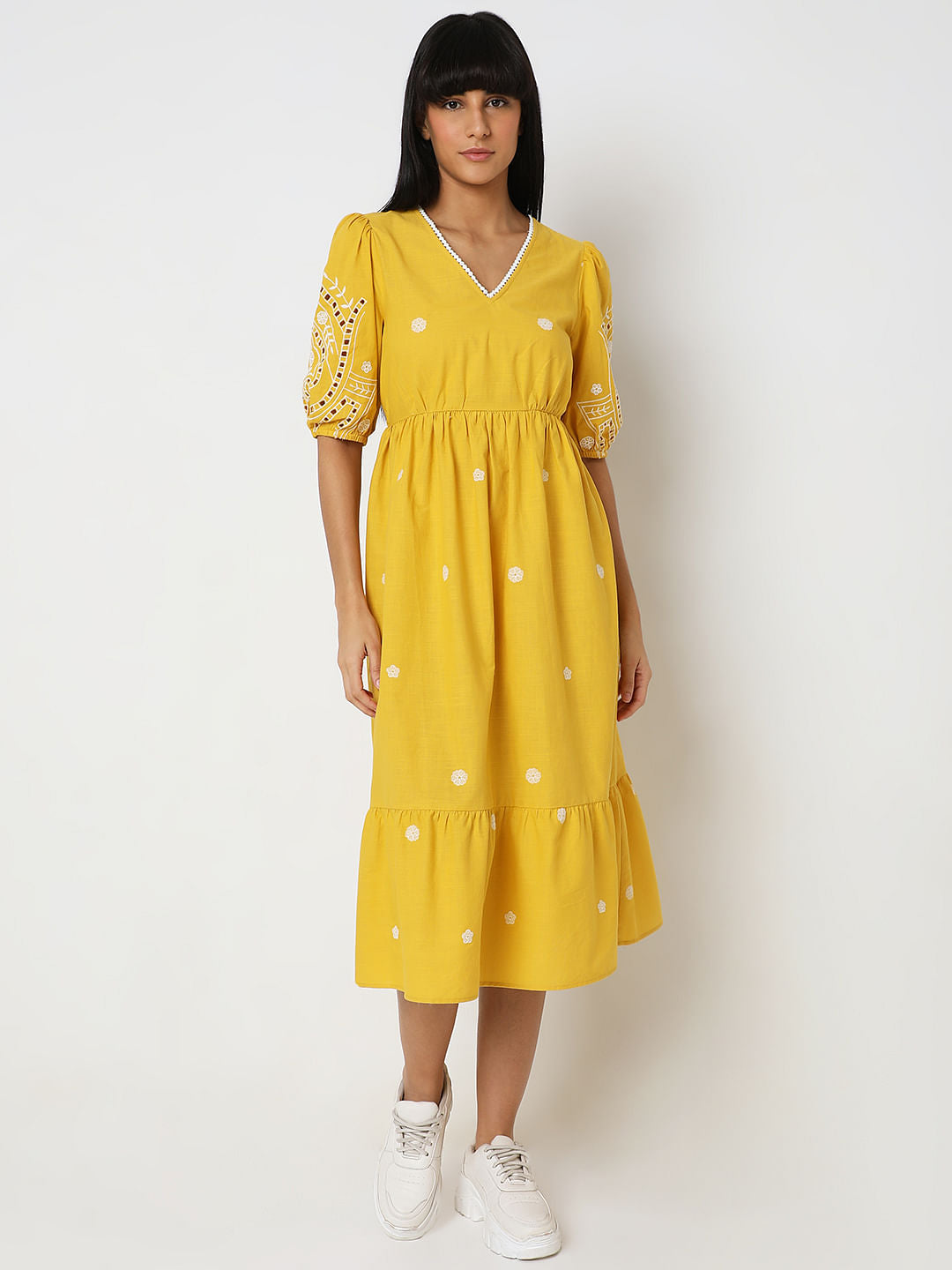 Yellow Embroidered Cotton Midi Dress