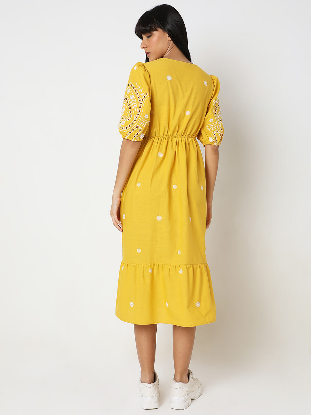 Yellow Embroidered Cotton Midi Dress