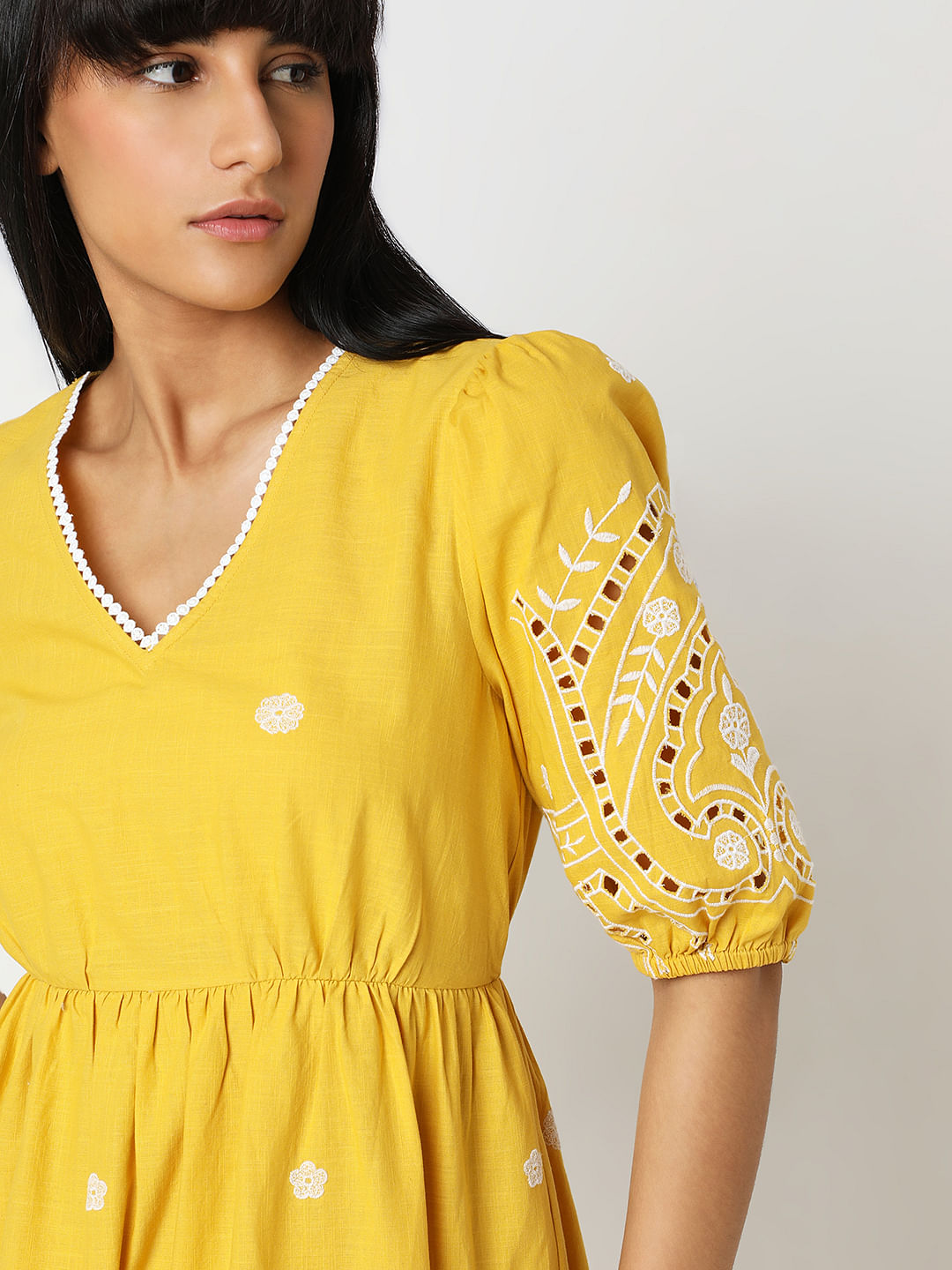 Yellow Embroidered Cotton Midi Dress