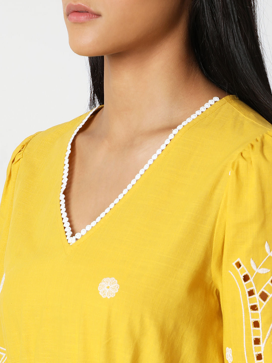 Yellow Embroidered Cotton Midi Dress