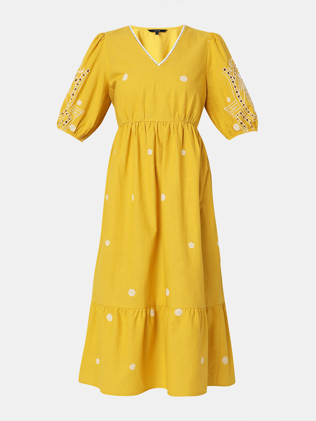 Yellow Embroidered Cotton Midi Dress