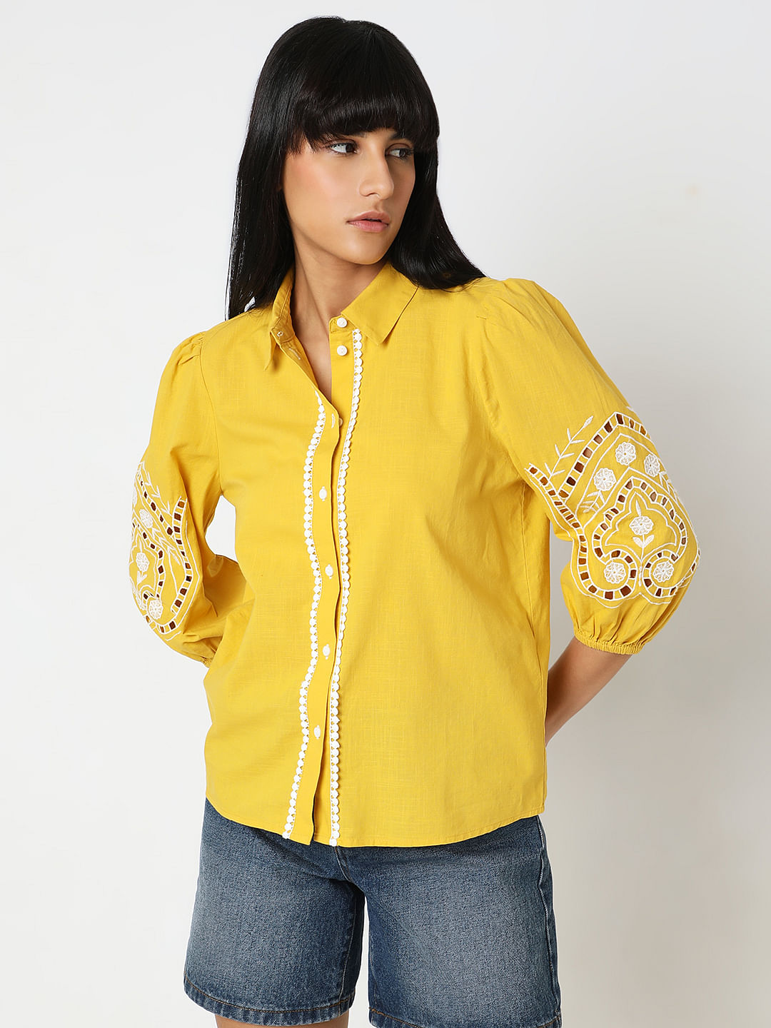 Yellow Embroidered Cotton Shirt