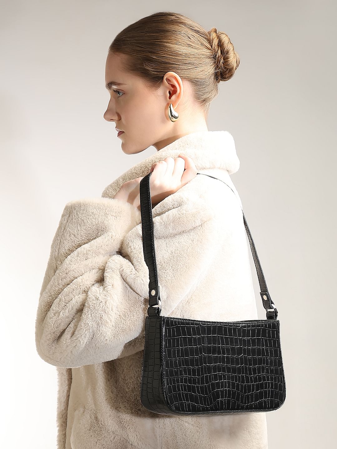 Black Croc Embossed Shoulder Bag