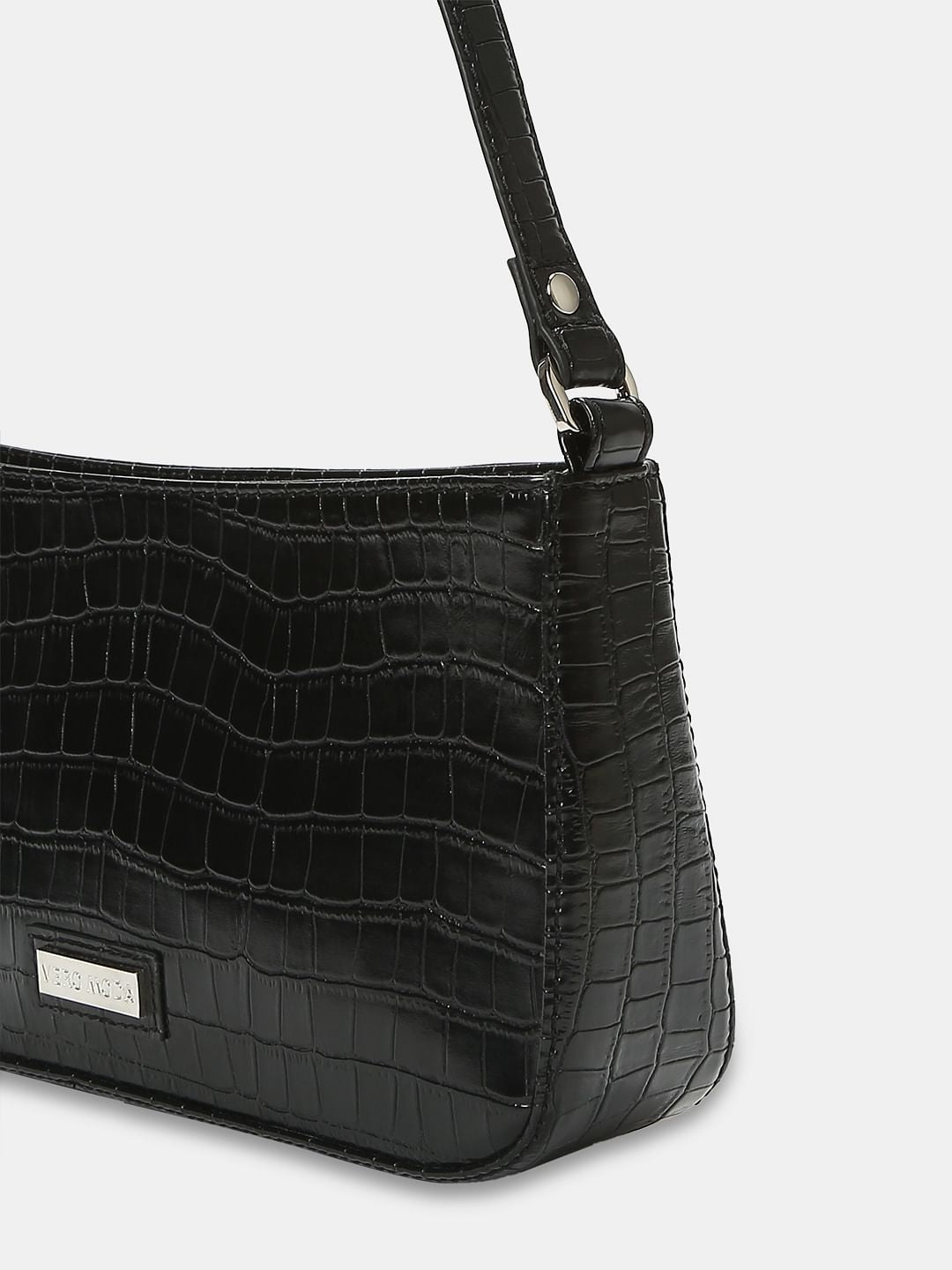 Black Croc Embossed Shoulder Bag