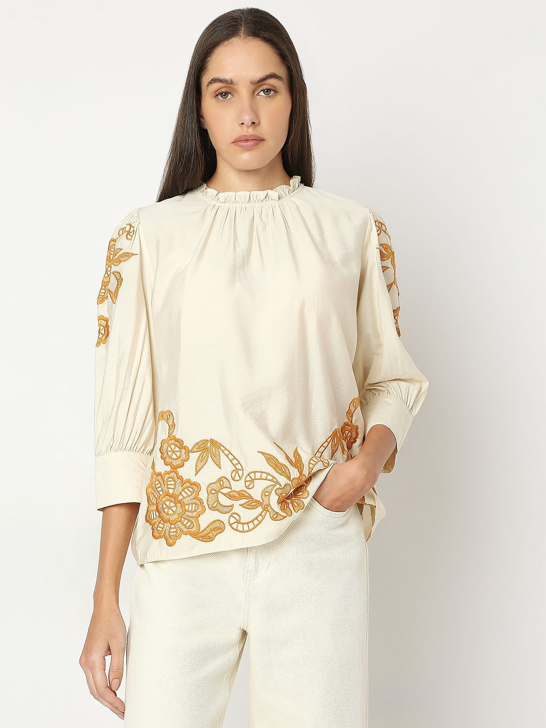 Beige Embroidered Top
