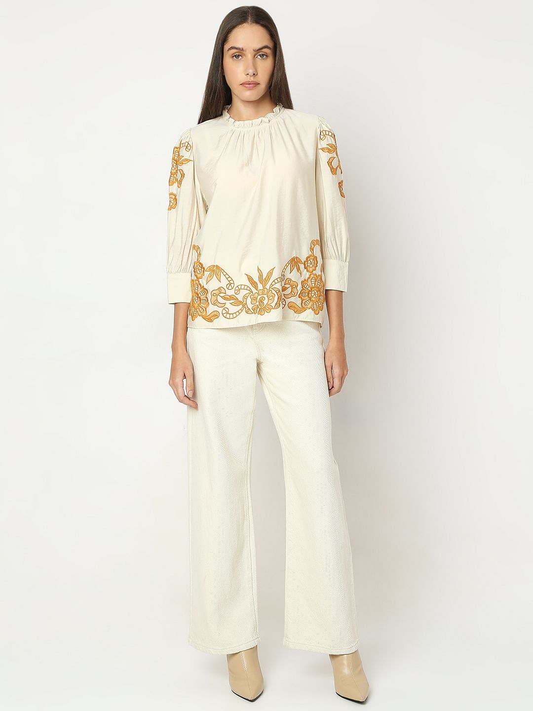 Beige Embroidered Top