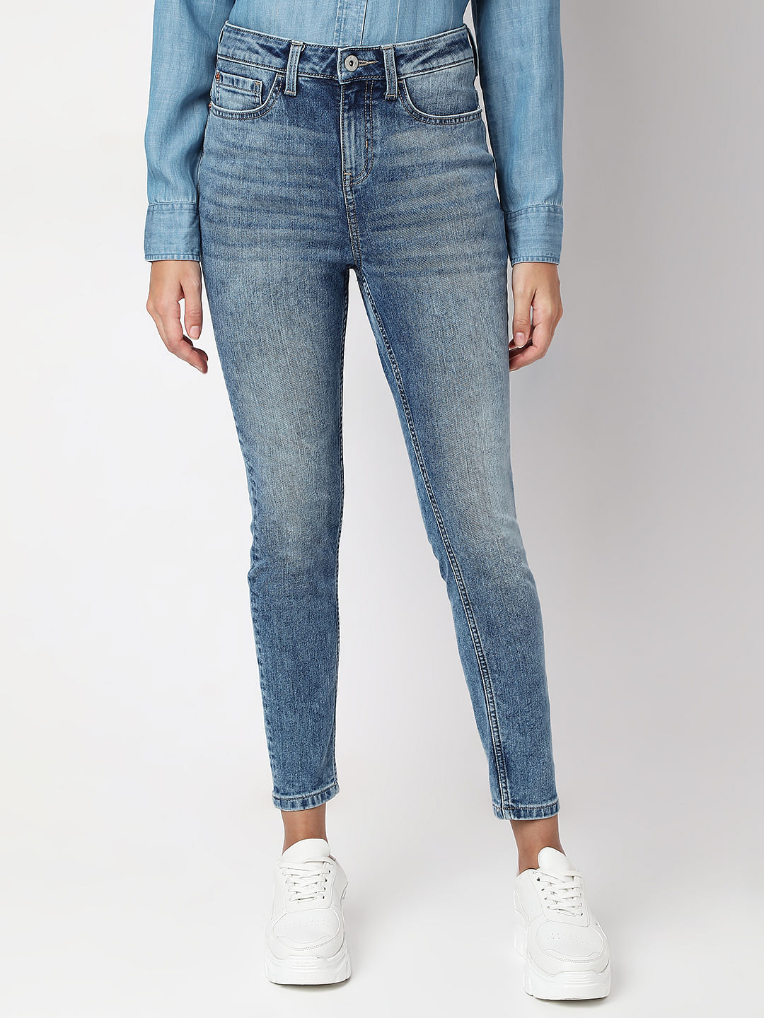 Blue Mid Rise Faded Skinny Fit Jeans