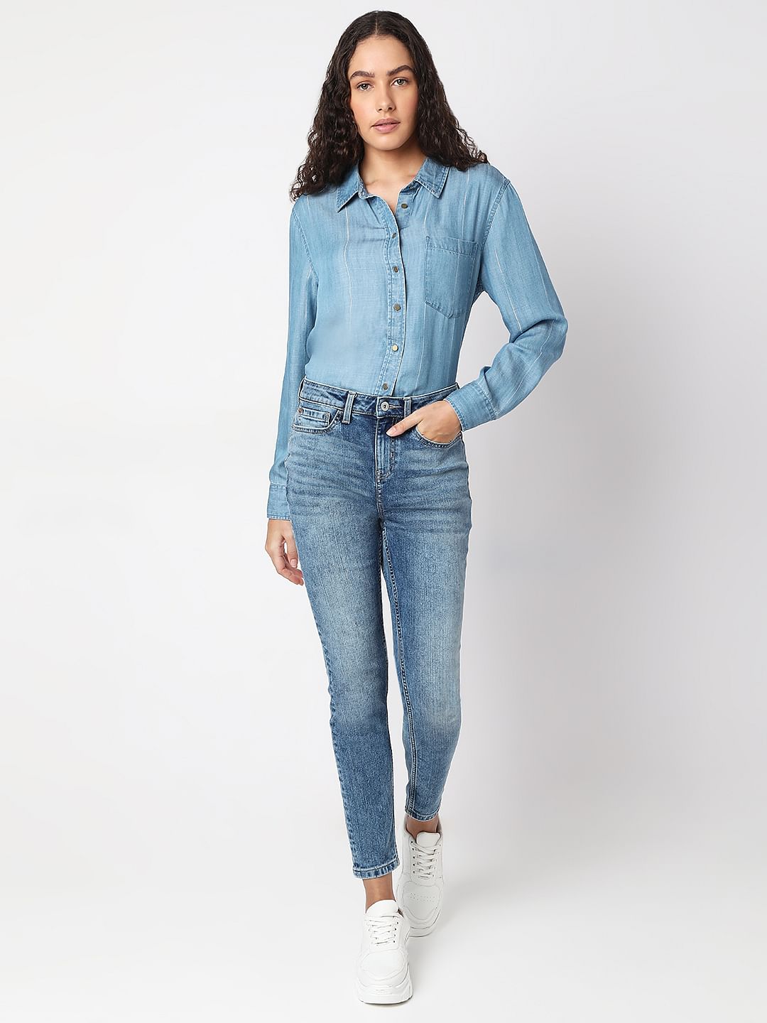 Blue Mid Rise Faded Skinny Fit Jeans