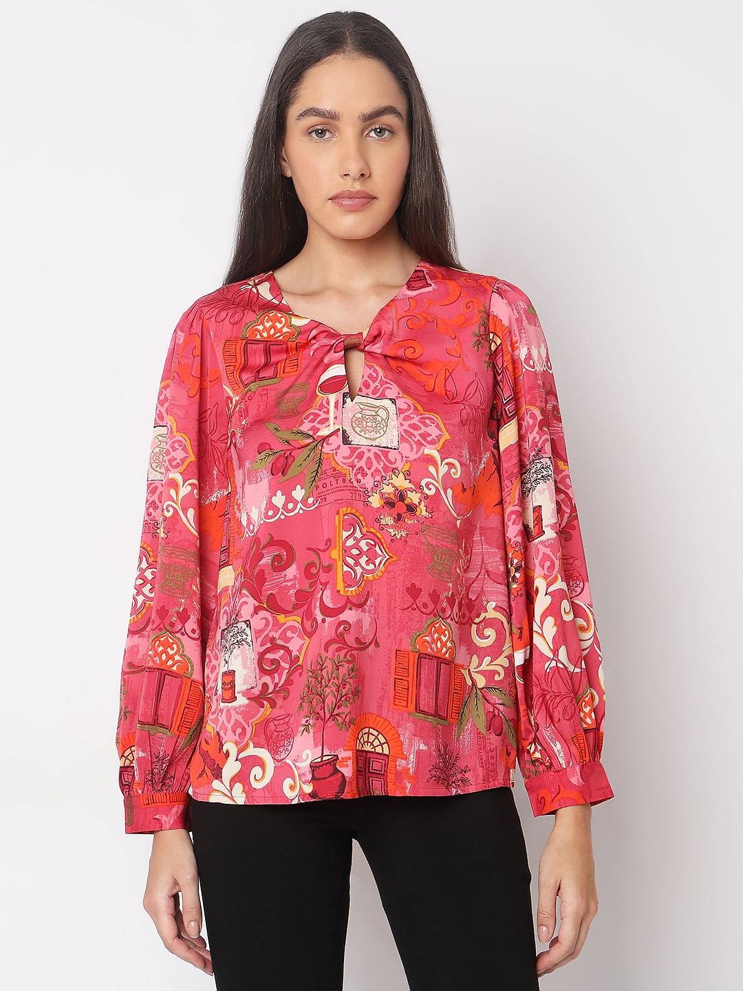 Red Printed Long Sleeve Top