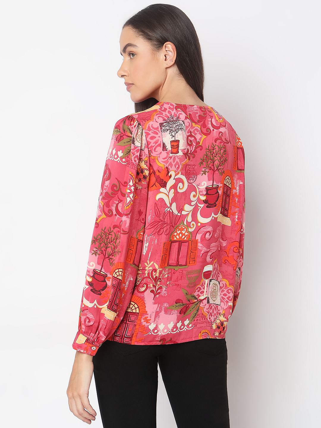 Red Printed Long Sleeve Top