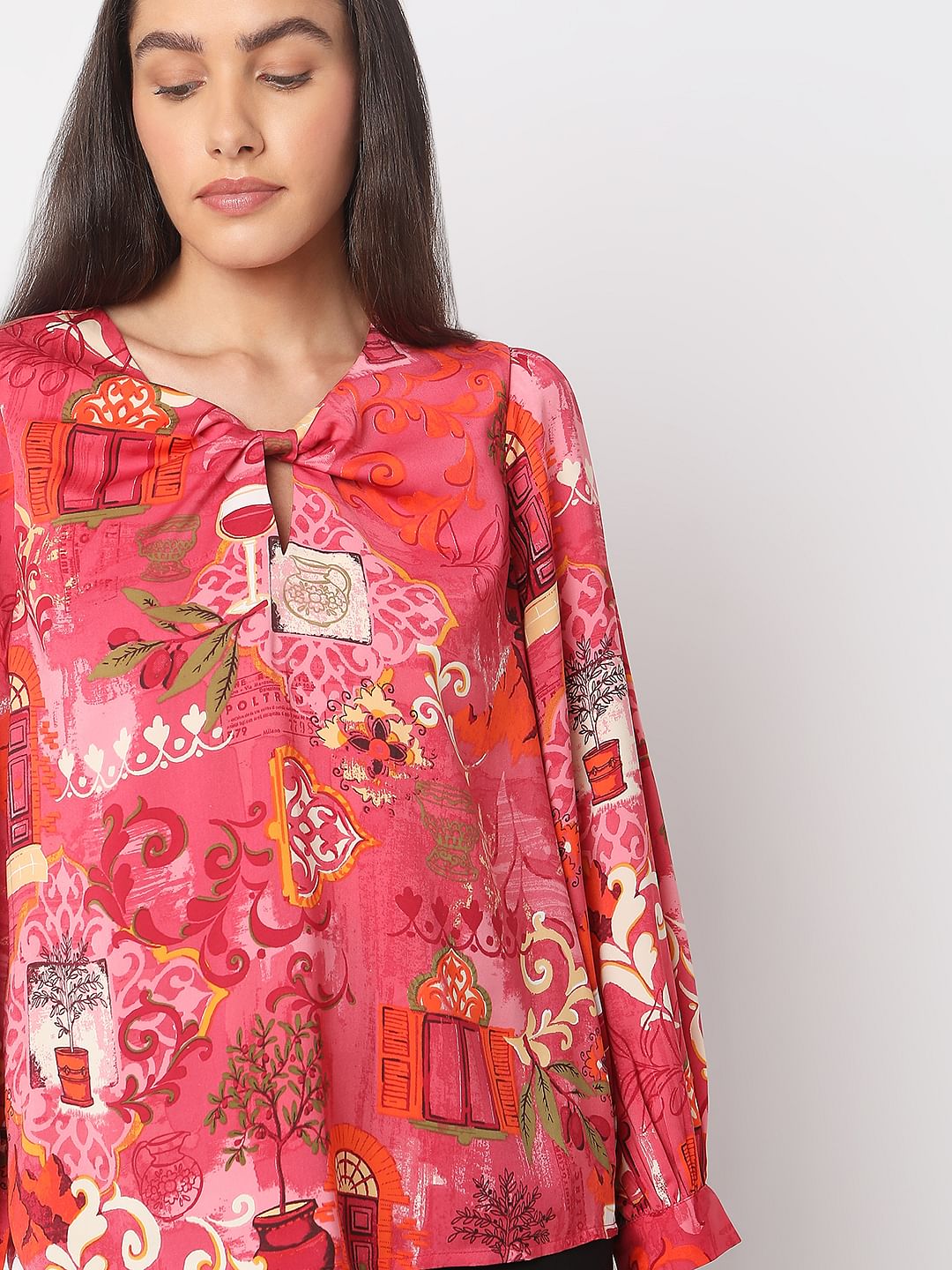 Red Printed Long Sleeve Top