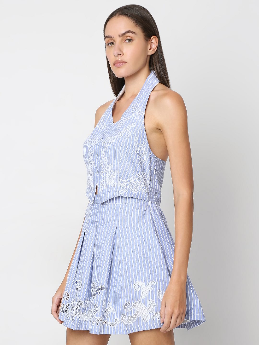 Blue Stripes Embroidered Mini Dress