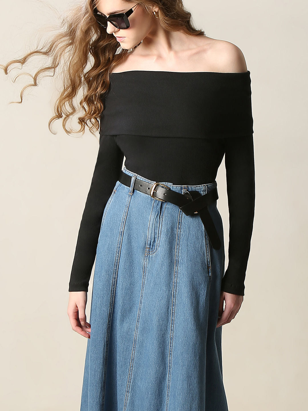 Off Shoulder Top With Denim Skirt Black Off-Shoulder Top