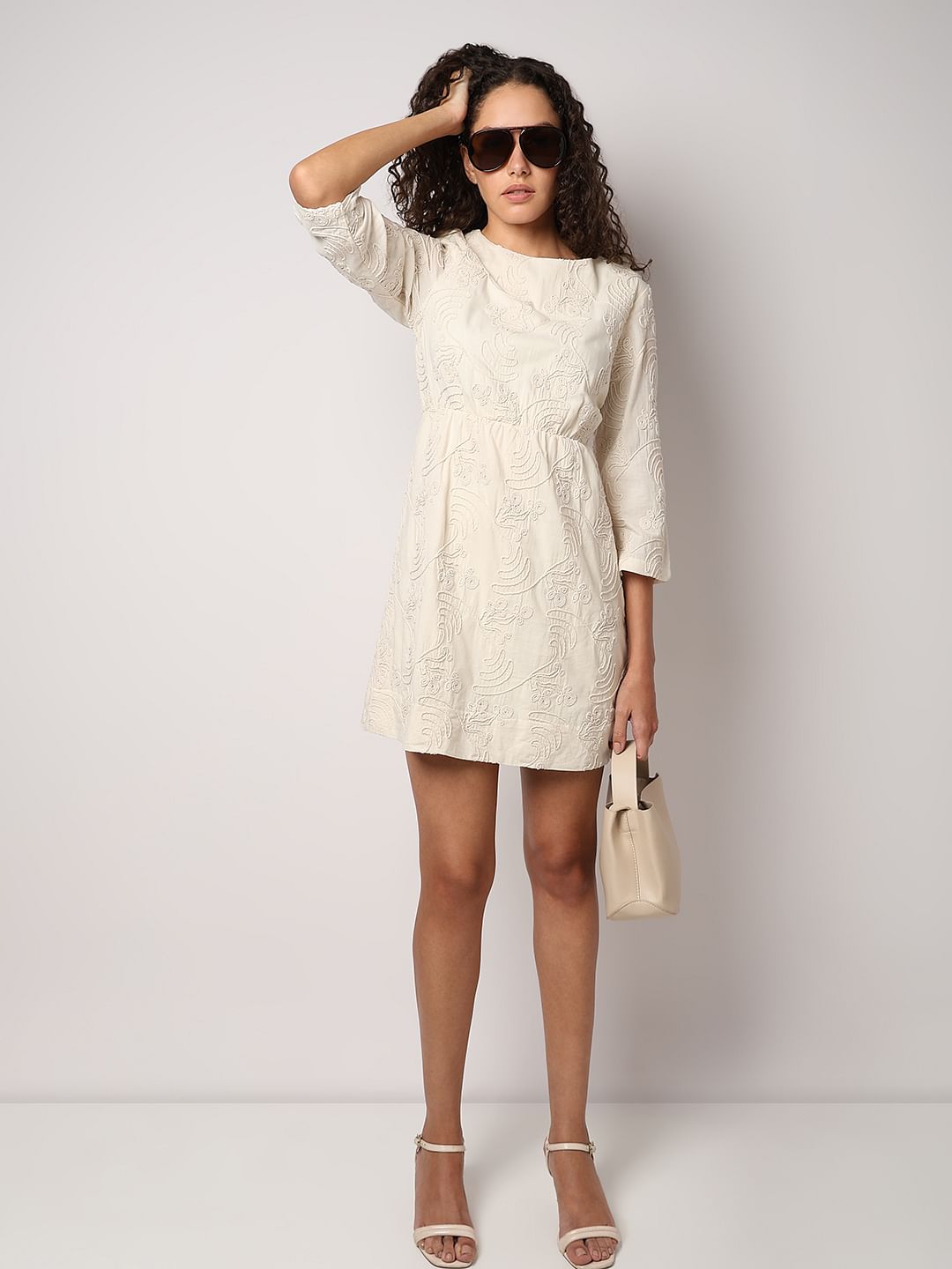 Cream Textured Mini Dress