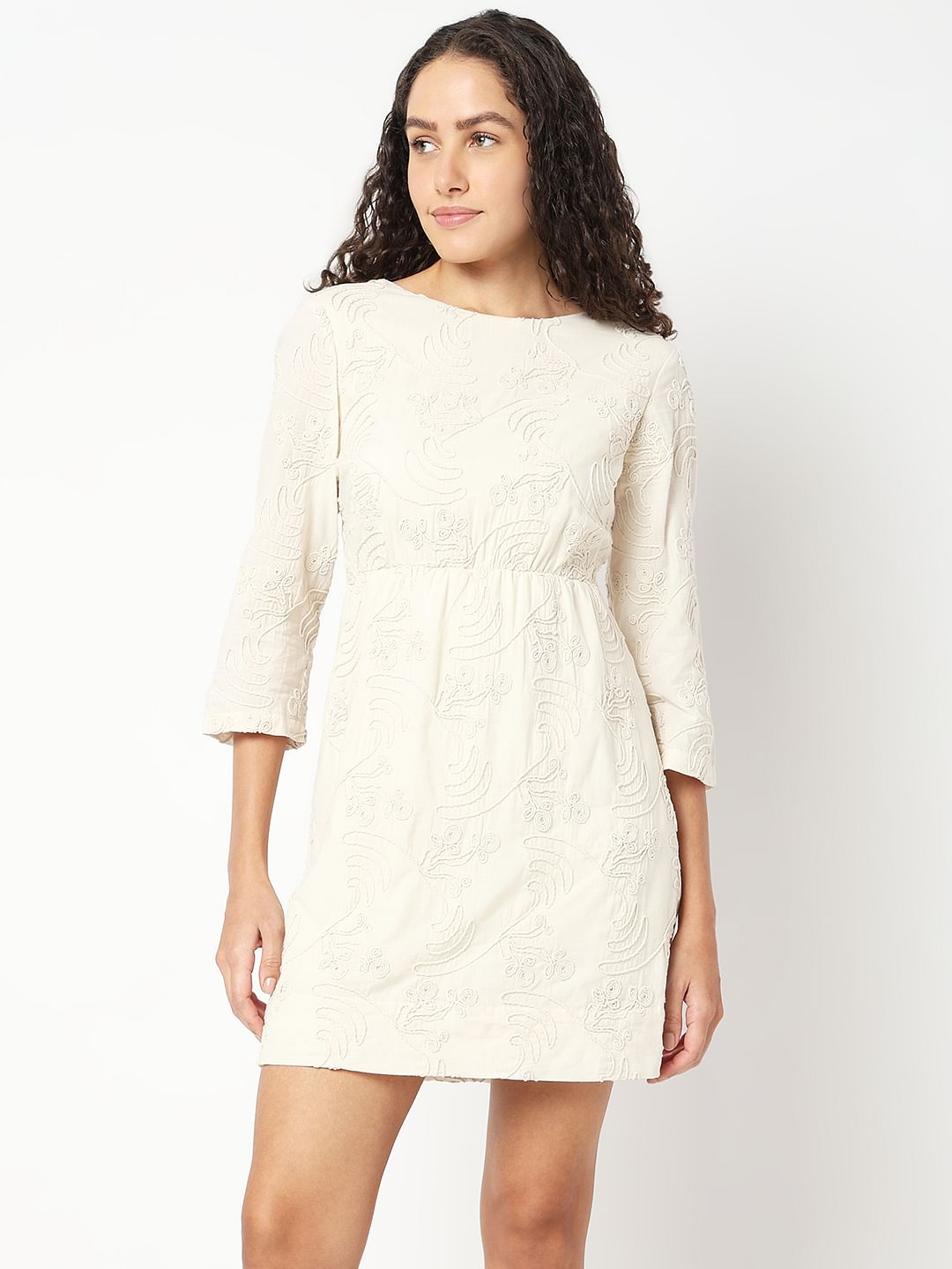 Cream Textured Mini Dress