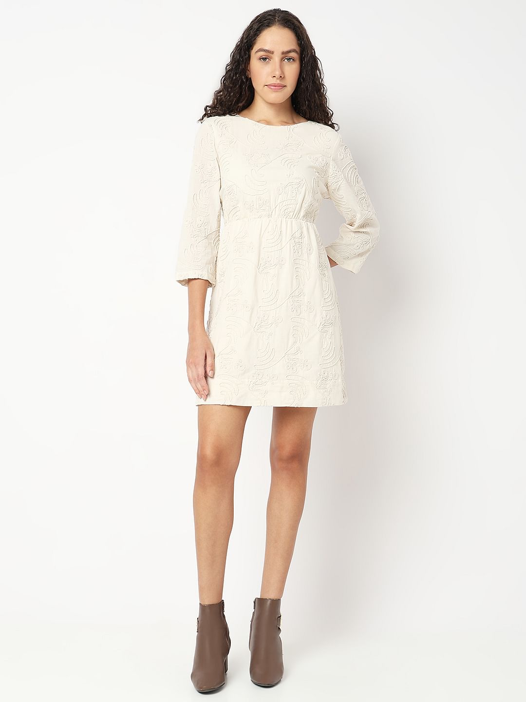 Cream Textured Mini Dress