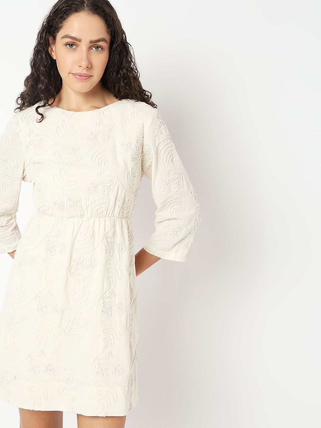 Cream Textured Mini Dress