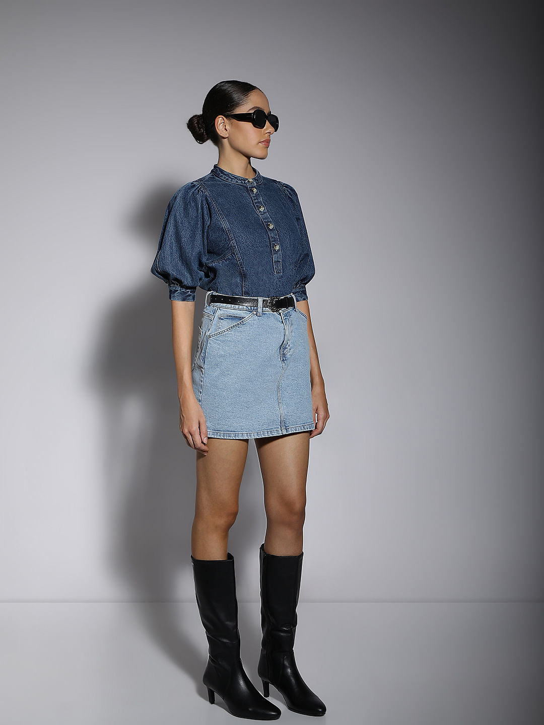 Blue Puff Sleeves Denim Top