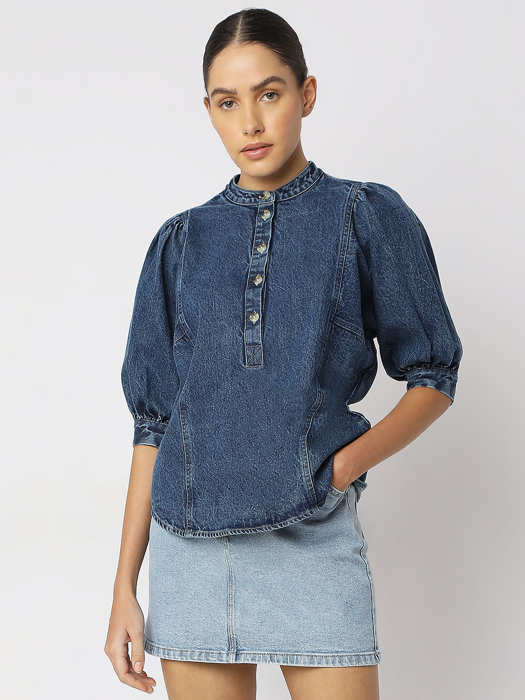 Blue Puff Sleeves Denim Top