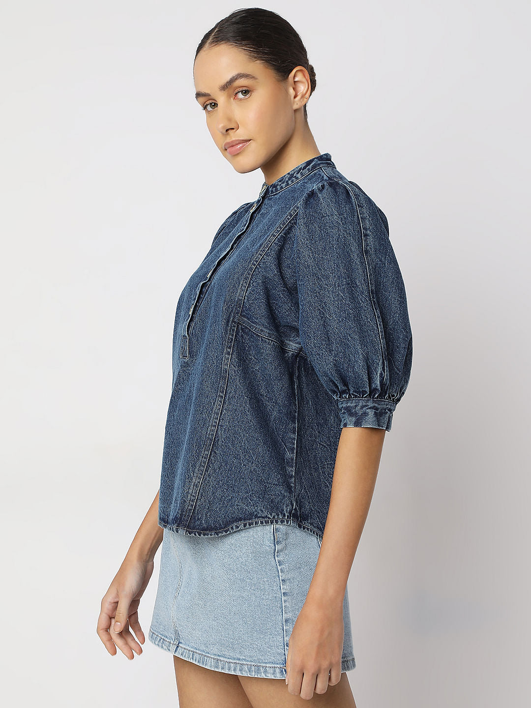 Blue Puff Sleeves Denim Top