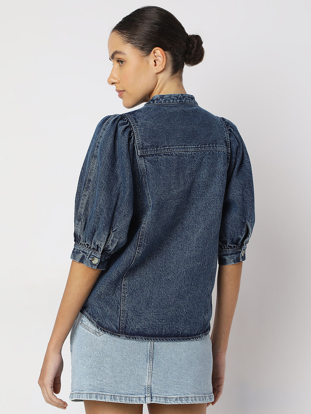 Blue Puff Sleeves Denim Top