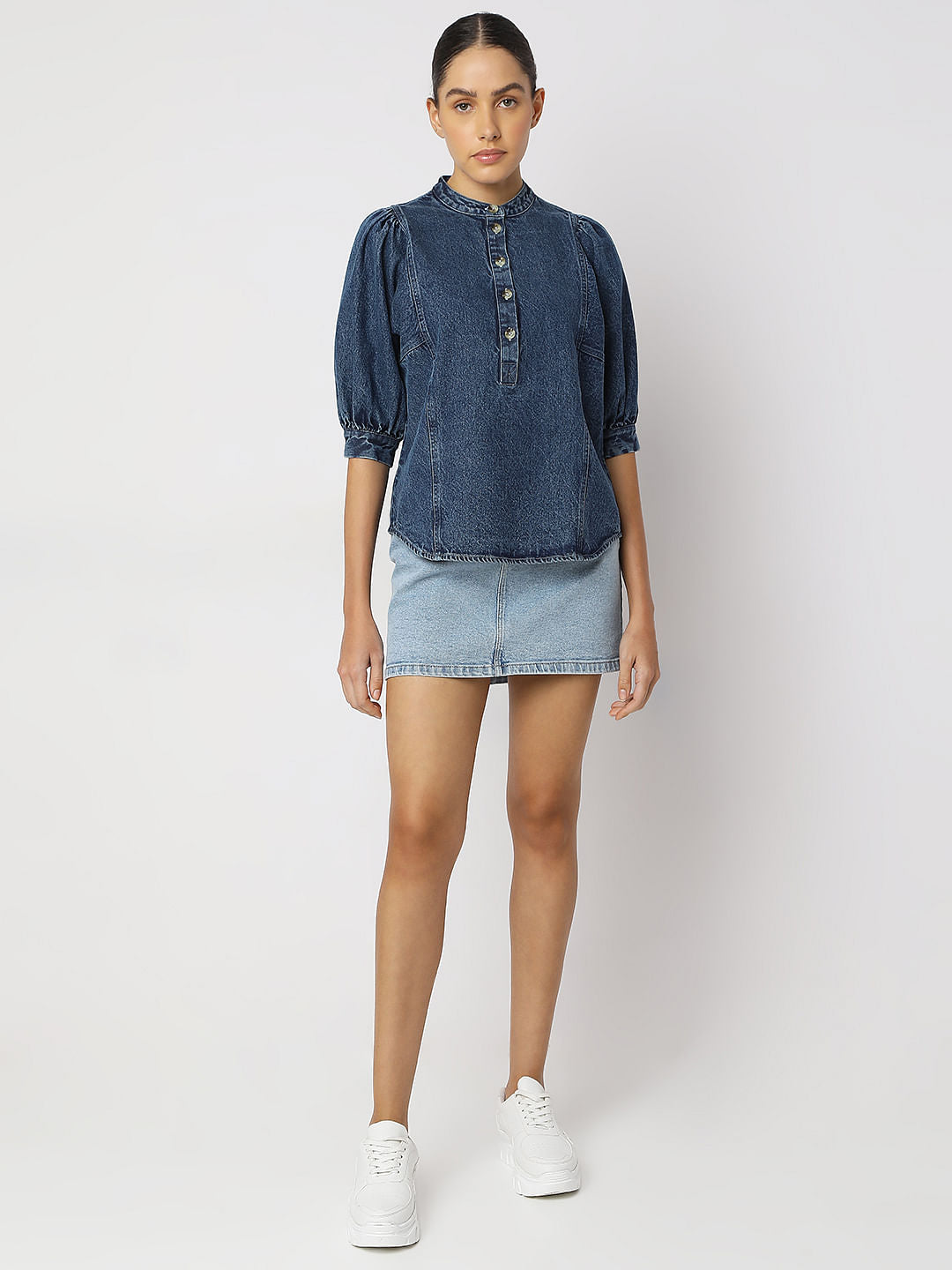 Blue Puff Sleeves Denim Top