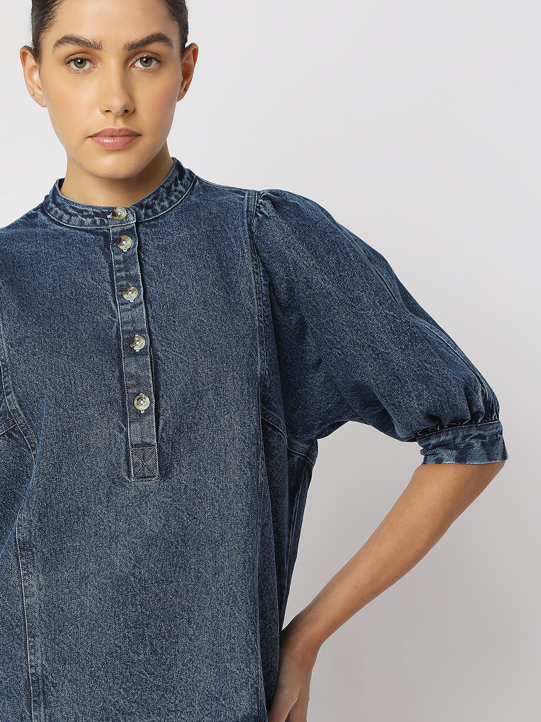 Blue Puff Sleeves Denim Top