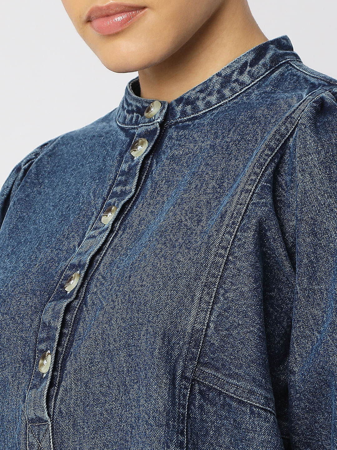 Blue Puff Sleeves Denim Top