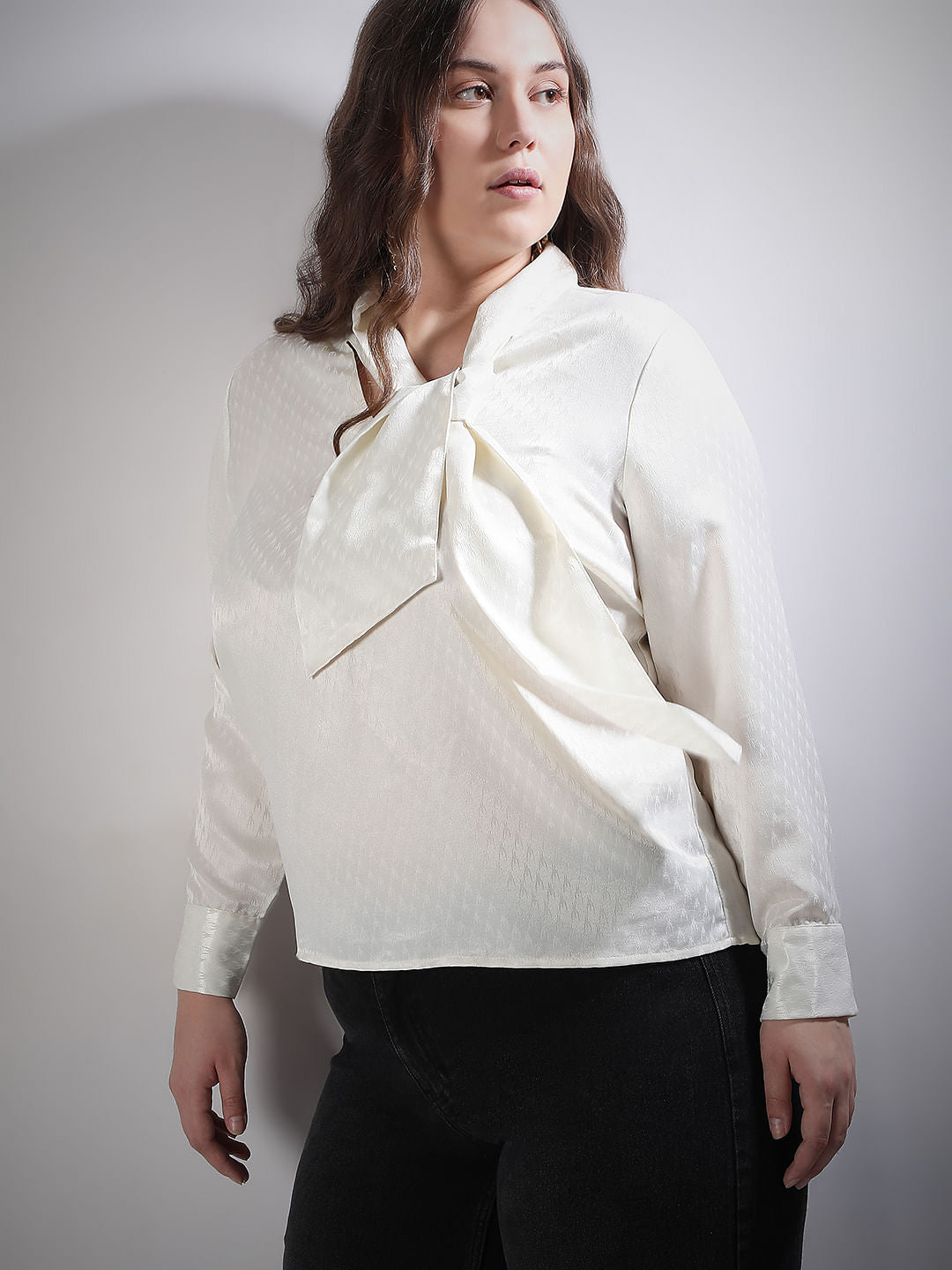 Curve Ecru Satin Pussy Bow Top