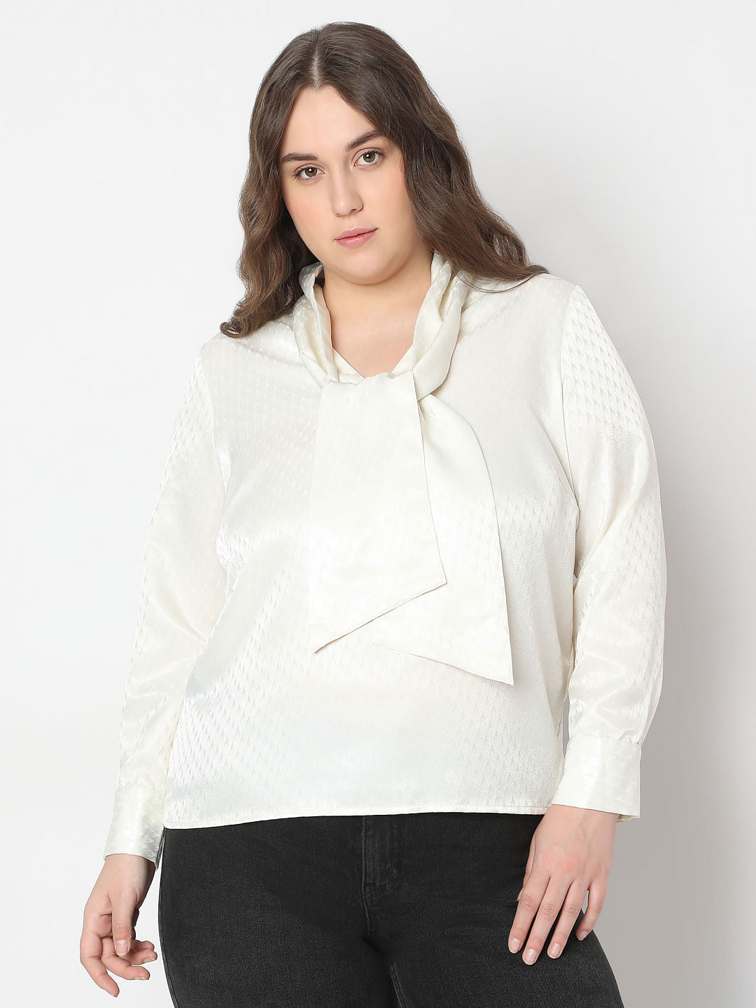 Curve Ecru Satin Pussy Bow Top