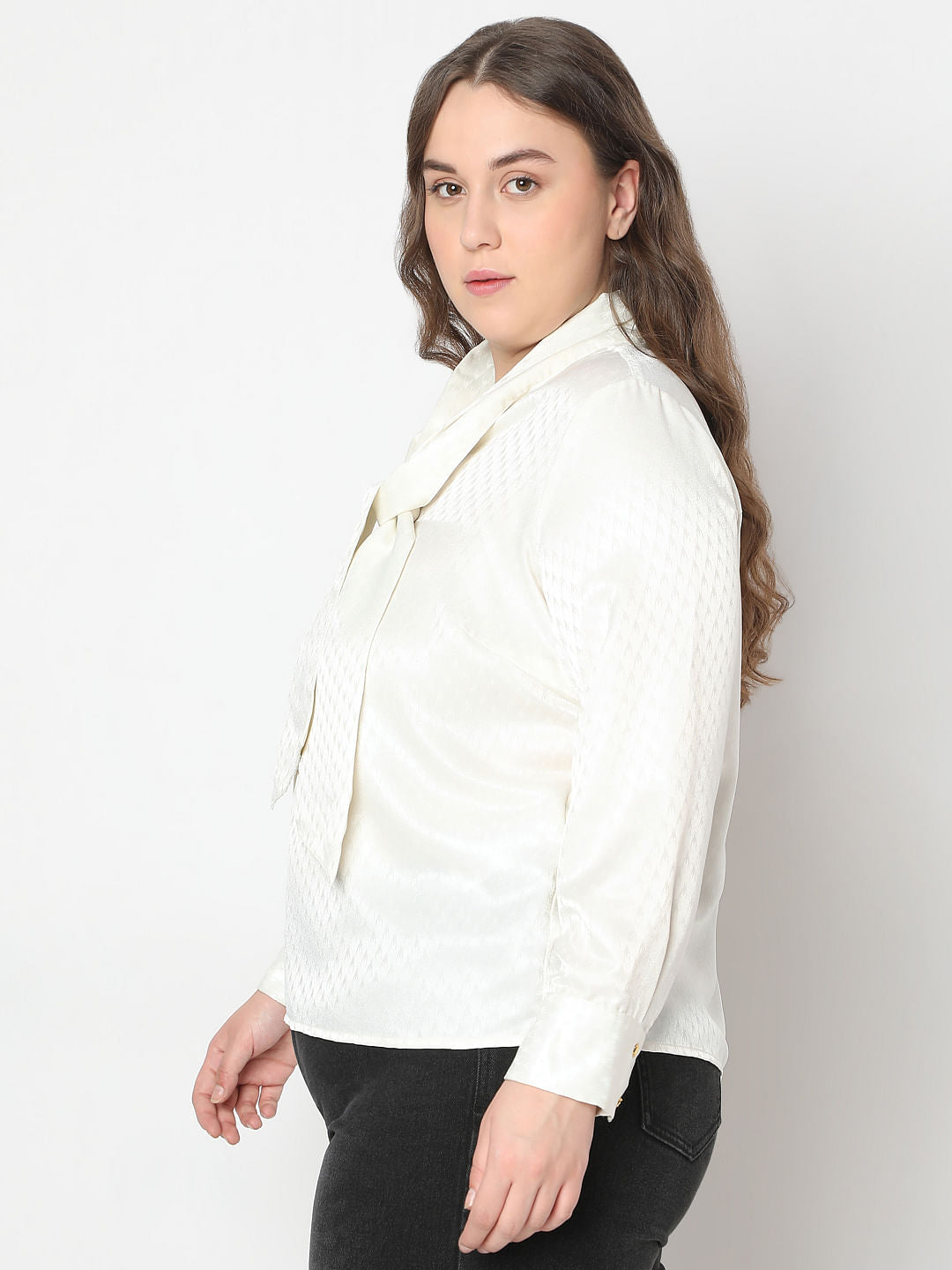 Curve Ecru Satin Pussy Bow Top